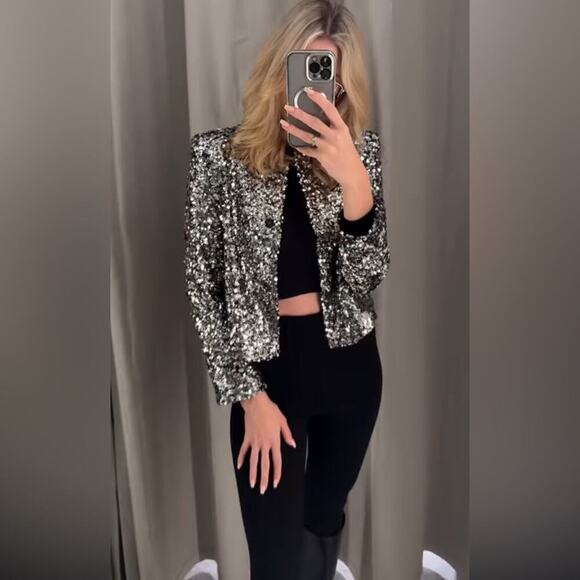 Zara Silver Sequin Blazer Size Small - Picture 8 of 11